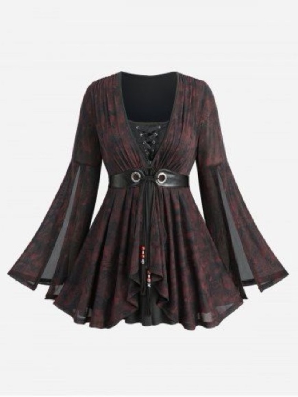 Lace-Up Bell Sleeve Tunic Top - Black with Red Pattern